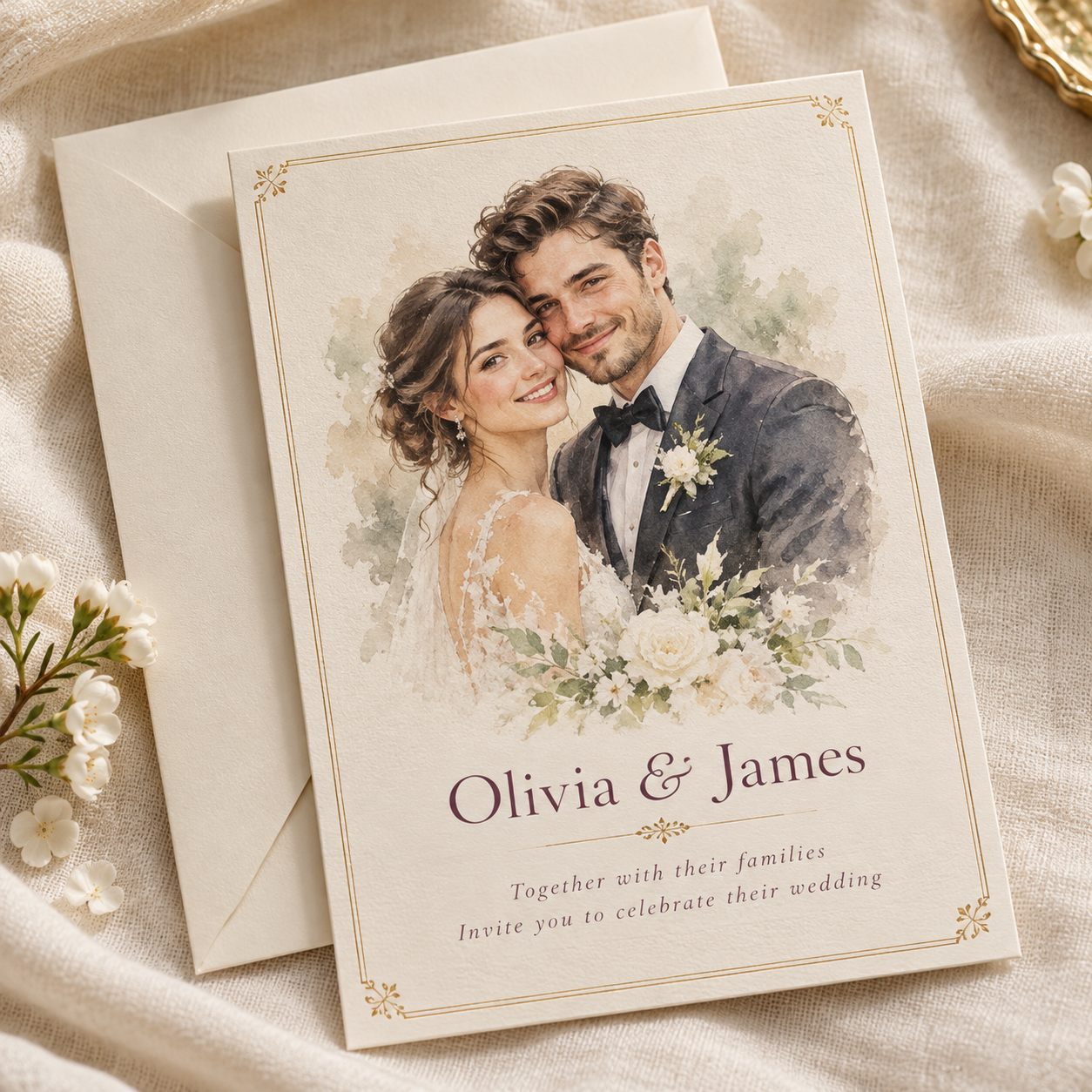 Personalized watercolor wedding invitation featuring a couple portrait and gold details
